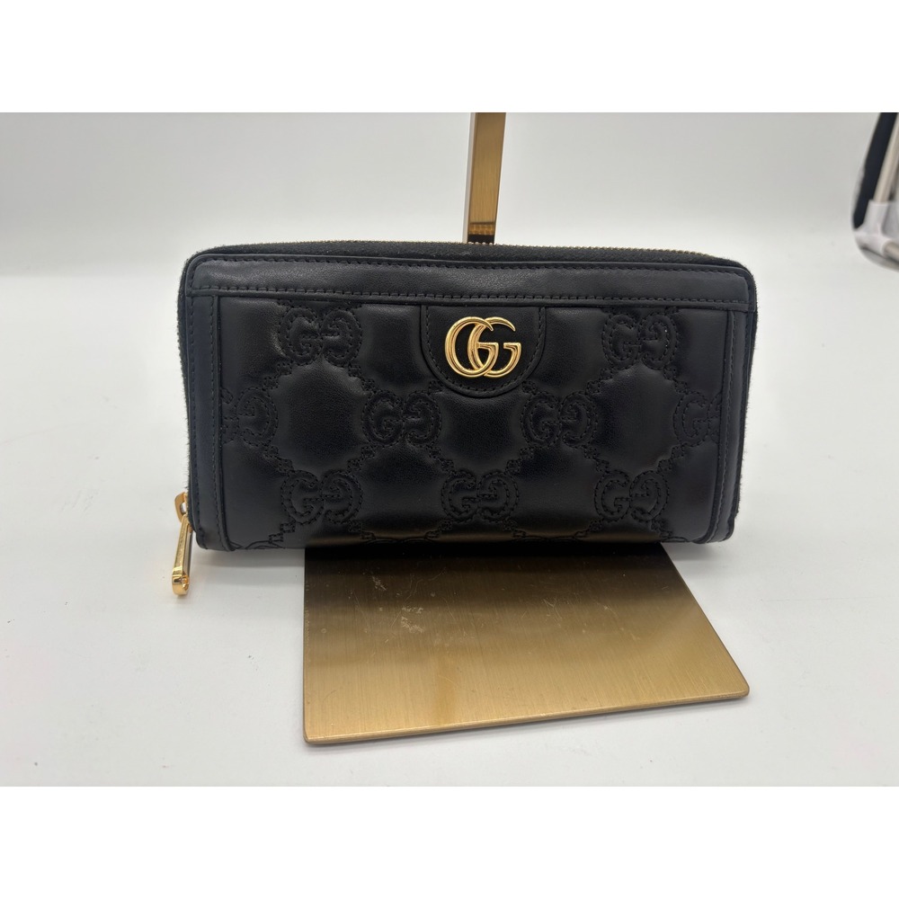 Gucci Zip Around Wallet Women's Black GG Matelasse Quilted Leather Gold Hardware